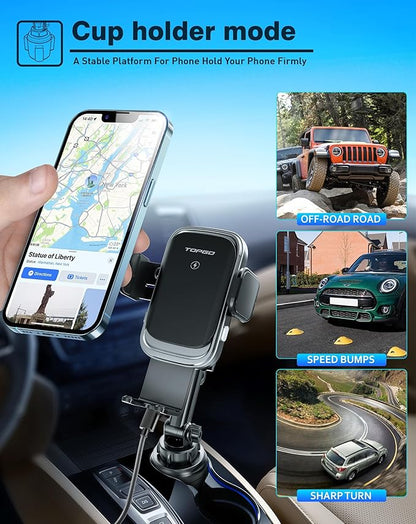 [Upgraded] TOPGO Cup Phone Mount Wireless Charger,Universal Cell Phone Holder Car Charger Wireless-Charger-Cup-Phone-Holder Fast Charging for iPhone16/16 Pro/16 Pro Max, Samsung Galaxy - Black