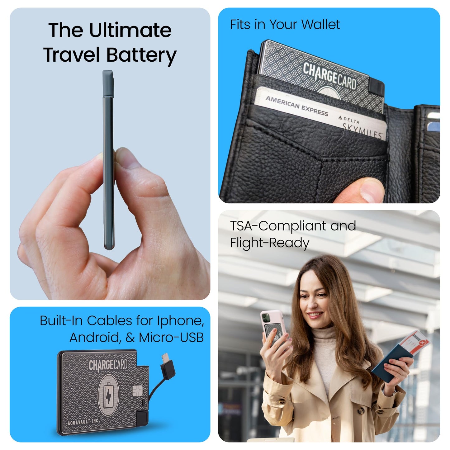Aquavault ChargeCard (Black): Ultra-Slim 2300 mAh 1.5А Charge Card Phone Charger - Built-in Cables for iPhone & Android - Compatible with iPhone 6-17 & Android - Ultra Thin Power Bank Fits in Wallet