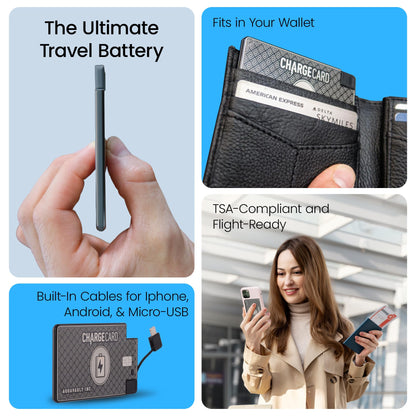 Aquavault ChargeCard (Black): Ultra-Slim 2300 mAh 1.5А Charge Card Phone Charger - Built-in Cables for iPhone & Android - Compatible with iPhone 6-17 & Android - Ultra Thin Power Bank Fits in Wallet