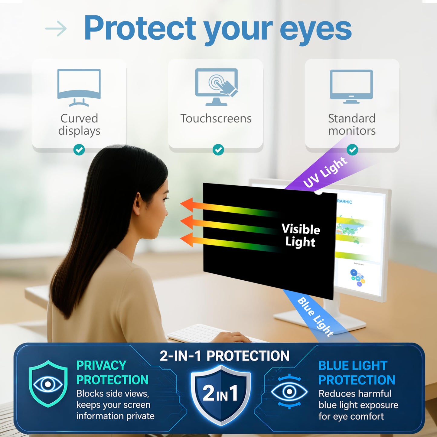 VINTEZ [2 Pack] 23.8 Inch 16:9 Privacy Screen for Computer Monitor and Laptop - Anti Glare Protector Film Blue Light Filter Eye Protection - Computer Screen Privacy Shield