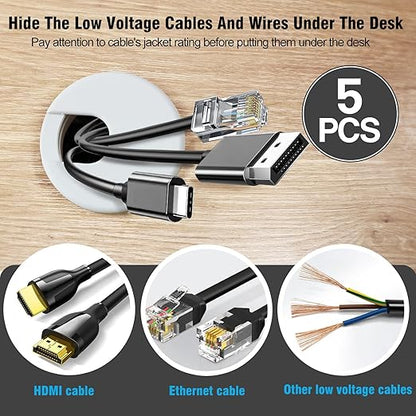 2" White Desk Grommet, JTemgle Plastic Cable Hole Cover Computer Table Cord Wire Organizer Caps Desktop Cord Management for Home Office TV Stands Tabletops, 5 Pieces