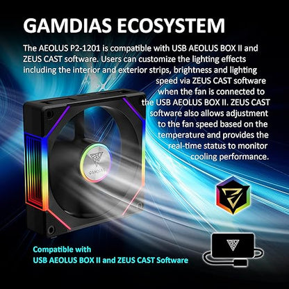 GAMDIAS 120mm ARGB PWM Case Fan, 2 Blades in 1 Fan Pack (Standard & Reverse Blades), Sync with RGB Motherboards, Easy Installation & Cable Management w/Cabless Daisy Chain Design