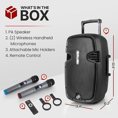 Pyle Wireless Portable PA Speaker, 1000W Bluetooth Loudspeaker, 12” Subwoofer, Dual High-Powered PA System, 2-Way Full Range Audio, Includes Wireless Mic, USB/SD Input, for Outdoor and Event Use