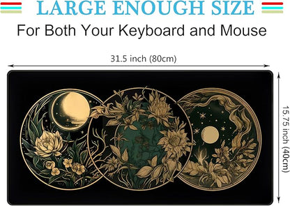 Aesthetic Celestial Desk Mat Vintage Flowers Desk Pad Large Mouse Pad Gaming Mousepad Extended XXL Computer Mat 31.5x15.75 in, Cute Laptop Keyboard and Mouse Mat for Women Office Desk Decor Pad