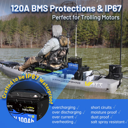 Wattcycle 12V 100Ah LiFePO4 Battery, Lithium Battery 12V 120A BMS, IP67 Marine Batteries for Trolling Motor, Built-in Bluetooth, Monitor, Mobile APP, Perfect for Boat, Marine, RV, Home Energy, Solar