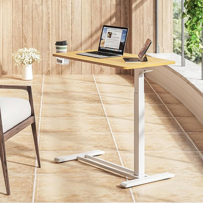 SANODESK Medical Adjustable Overbed Bedside Table with Hidden Casters, Pneumatic Mobile Laptop Computer Standing Desk Cart with Tray, Hospital and Home Use(31.5" W x 17.7" D, Maple)