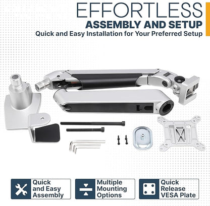 Premium Height Adjustable Single Monitor Arm Stand: Desk/Grommet Mount, Gas Spring Lift, VESA 75x75 or 100x100mm, Flat Curved Ultrawide Computer Screens up to 49in and 44lbs, Silver