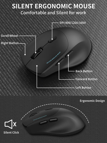 Wireless Keyboard and Mouse Combo,2.4G Full Size Wave Keys Ergonomic Keyboard with Wrist Rest for Natural Typing, 3 DPI Adjustable Ergonomic Silent Mouse for Computer/Laptop/Windows/Mac (Black)