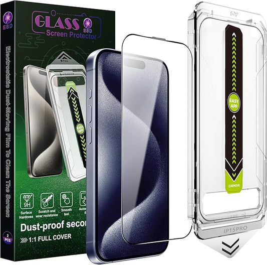 SY SHANGYAN 2 Pack Ultra HD Clear Screen Protector for iPhone 15 Pro (6.1-Inch),9H Tempered Glass,Full Coverage,Anti-Fingerprint,Auto Dust Removal,Bubble-Free,Easy Installation