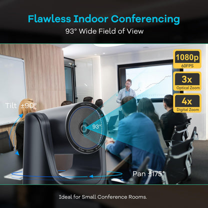 TONGVEO 3X Optical Zoom PTZ Camera AI Auto-Tracking HDMI USB 3.0 1080P 60fps Wide-Angle for Video Conference Business Meeting Live Streaming Online Learn with Zoom YouTube Teams OBS and More