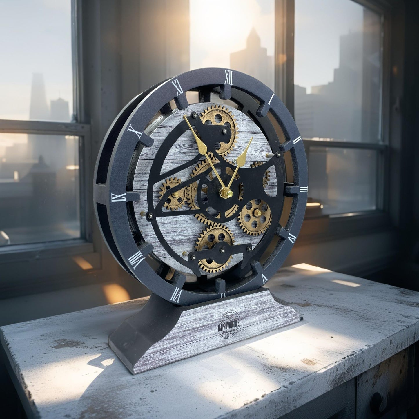 ImprovingLife The Gears Clock Desk Clock 10 inches with Real Moving Gears Convertible into Wall Clock (Silver Glamour)