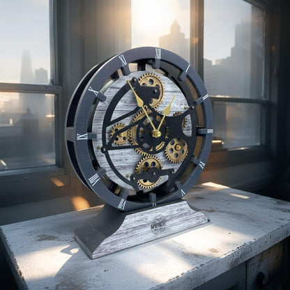 ImprovingLife The Gears Clock Desk Clock 10 inches with Real Moving Gears Convertible into Wall Clock (Silver Glamour)