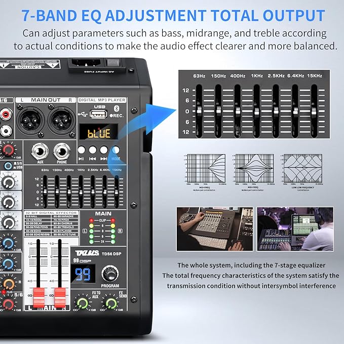 Audio Mixer, 6-Channel Professional DJ Mixer with 99-Bit DSP Effects, 7-Band EQ, 48V Phantom Power, MP3/Computer Input - Studio Audio Mixing Console for Recording & Live Performances
