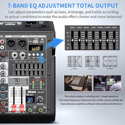 Audio Mixer, 6-Channel Professional DJ Mixer with 99-Bit DSP Effects, 7-Band EQ, 48V Phantom Power, MP3/Computer Input - Studio Audio Mixing Console for Recording & Live Performances