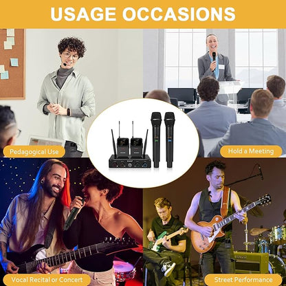 4-Channel Wireless Microphone System,UHF Cordless Mic Set w/ 4x10 Frequencies, 200ft, 2 Handheld Dynamic Mics, 2 Bodypacks & Headset/Lapel Microphones for Singing, Karaoke, DJ (MWM-41-2H2B)