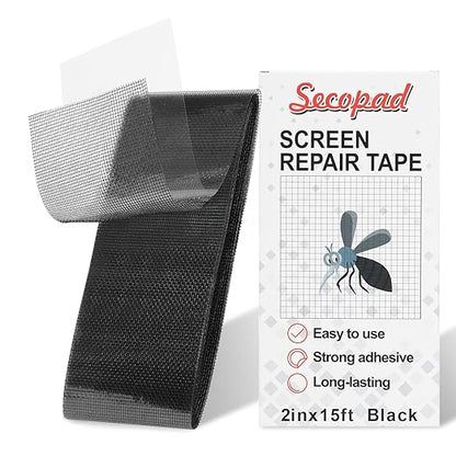 Black Screen Repair Tape, 2" X 180" (15FT) Window Screen Door Repair Kit, Strong Adhesive Fiberglass Patch Tape Mesh