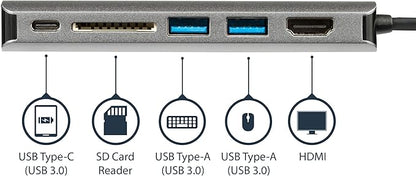 StarTech.com USB C Multiport Adapter - USB-C Travel Dock to 4K HDMI, 3x USB 3.0 Hub, SD/SDHC, GbE, 60W PD 3.0 Pass-Through - Portable USB-C Mini Docking Station USB Type-C/Thunderbolt 3 (DKT30CSDHPD3)