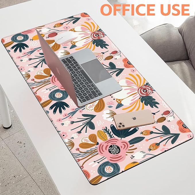 Mouse Pad Large Flowers and Leaves Non-Slip Game Desk Mat with Stitched Edge Laptop Keyboard Desk Pad for Work Home Gaming (35.4 x 15.7 Inches)
