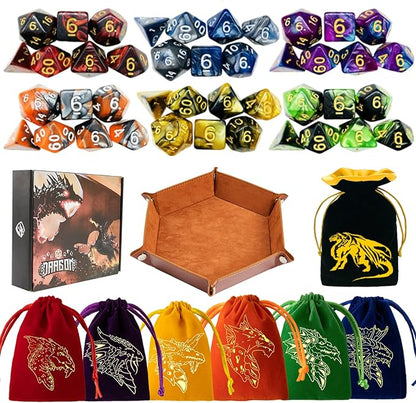DND Dice Set 42 Pcs Polyhedral Dungeons and Dragons Rolling Dice for D&D RPG MTG Table Games Dice Bulk with Colorful Drawstring Bags and Dice Tray (Double-Color)