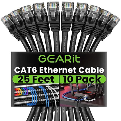 GEARit Cat 6 Ethernet Cable Pack - 10-Pack 25 ft Cat6 Ethernet Patch Cables | RJ45 Network Patch Cable, 10 Gbps Snagless Gold-Plated Connectors - Ethernet Cable Cat 6 for PC, TV, Router - Black