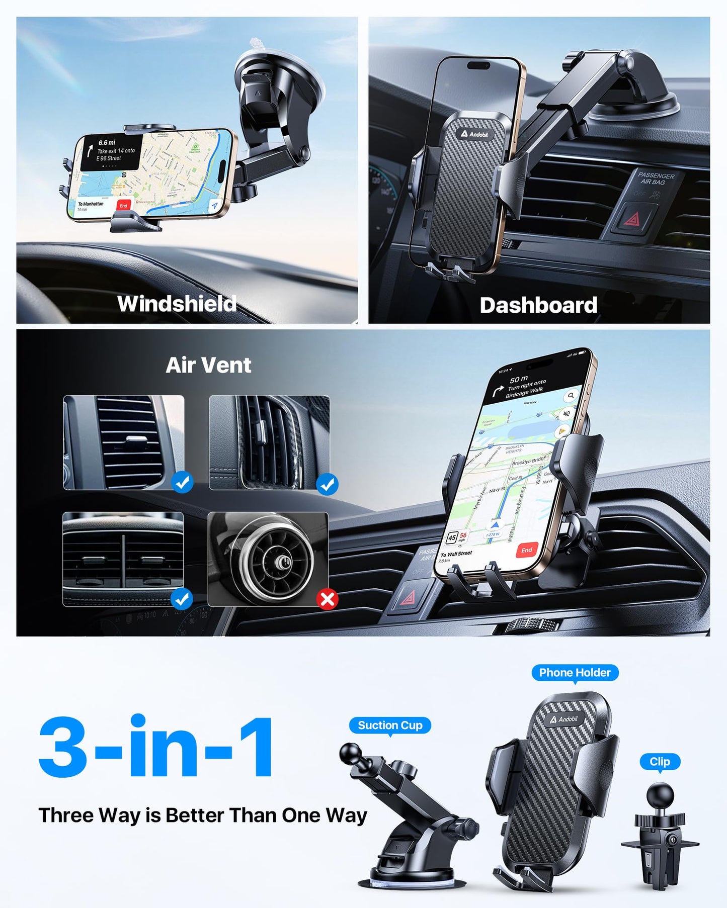 andobil Car Phone Holder, 2026 Military-Grade 89lbs Strongest Suction Phone Holders for Your Car Dashboard/Windshield/Vent Easy Clamp Car Phone Mount Stand for iPhone 17 16 15 14 13 Pro Max Samsung