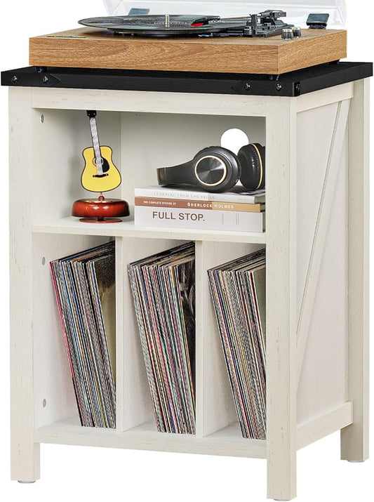 Joaxswe Record Player Stand with Vinyl Record Storage Holds up to 160 Albums,Large Wood Record Player Table，White Turntable Stand Cabinet Dispaly Shelf for Living Room,Bedroom,Office