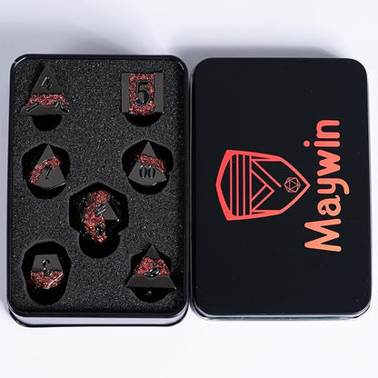 Metal DND Polyhedral Dice,Large Stripe Glitter Metallic Dice Set,Antique Silver Dice 7pcs Set for Role Playing Games(Black Nickel Red)