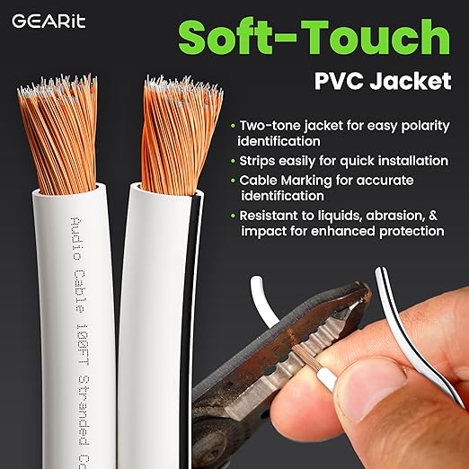 GEARit 14 Gauge Speaker Wire 100 ft,Speaker Cable with Foot Markers & Polarity Markings,14 Gauge Wire for Car Audio & Home Theater Speakers,Audio Cable for DIY Installations,CCA(White)