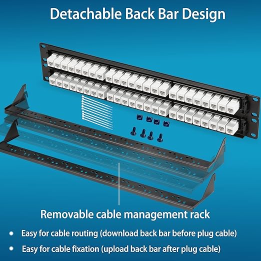 Rapink 48 Port Cat6 Patch Panel with White Inline Keystone, 10G Support, Pass-Thru Coupler, 1U Network Patch Panel for Cat6, Cat5e, Cat5 Cabling