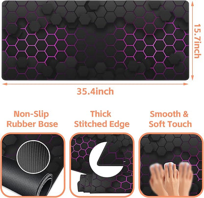 Mouse Pad Large Electric Glow Hexagonal Non-Slip Gaming Desk Mat with Stitched Edge Laptop Keyboard Desk Pad for Work Home Gaming (35.4 x 15.7 Inches)