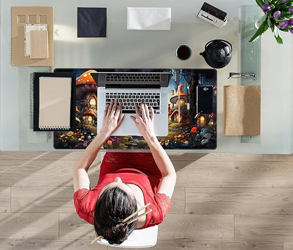 Cute Anime Mushroom Desk Pad Floral Desk Mat, XXL Large Extended Mousepad Gaming Mouse Pad Computer Mat with Stitched Edges, Fantasy Office Decor Laptop Keyboard and Mouse Mat, 31.5x15.75 in