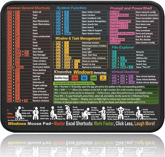 Mouse Pad for Windows Shortcuts – Small Window Cheat Sheet Desk Pad – 11.8"x9.8" Portable Computer Mousepad – Gaming, Office, Waterproof, Non-Slip, Stitched Edges