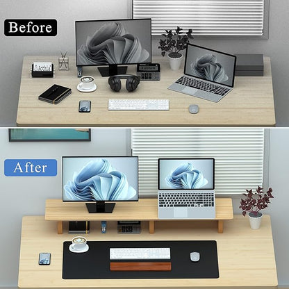 Aothia Large Dual Monitor Stand Riser, Solid Wood Desk Shelf with Eco Cork Legs for Laptop Computer/TV/PC/Printers, Perfect Desktop Stands Organizer with Underneath Storage for Office Accessories