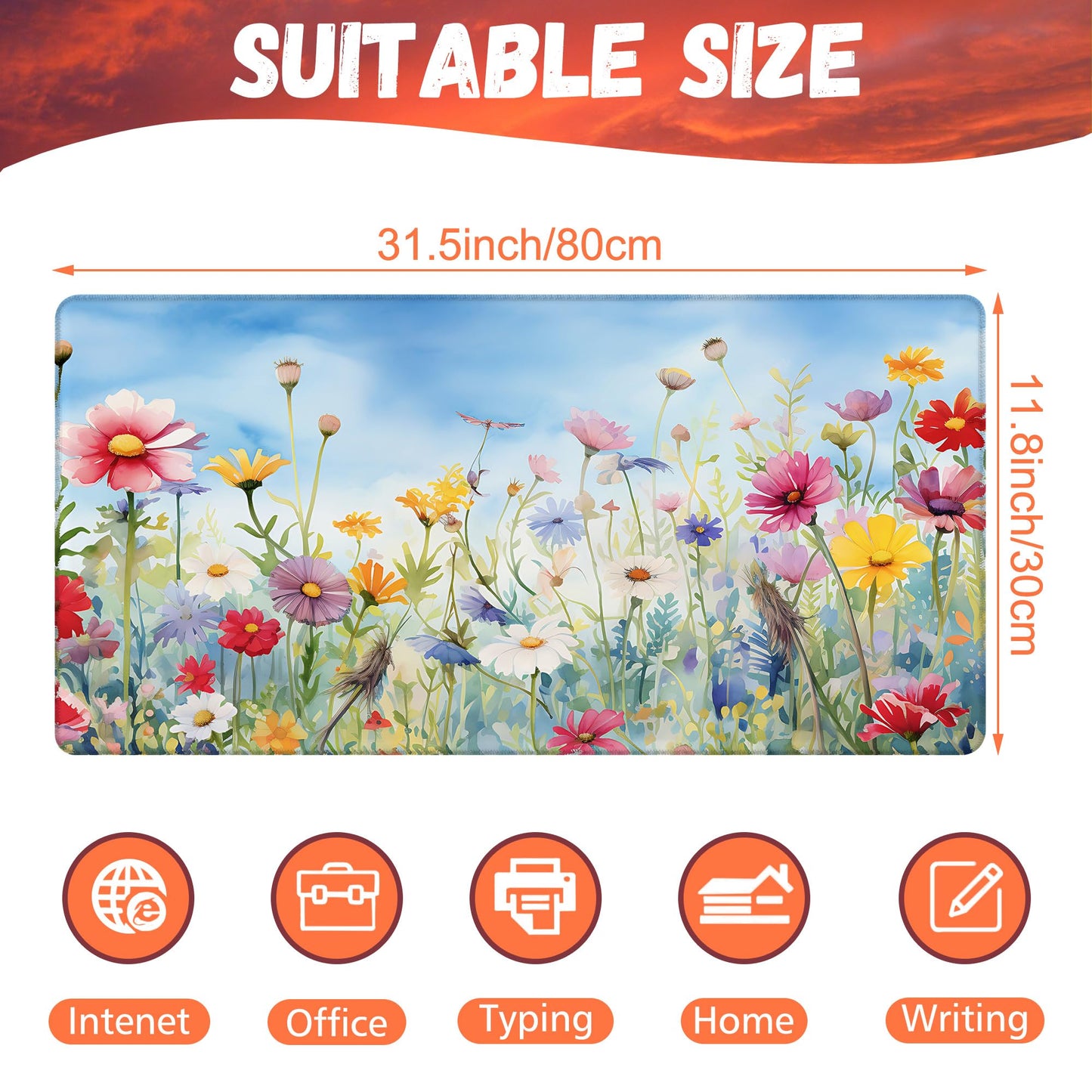 KOAIWPAE Large Gaming Mouse Pad, Colorful Wildflowers in Field Desk Mat, Watercolor Flowers Desk Pad, 31.5"x15.7" Extended Big Computer Keyboard Mouse Pad with Non-Slip Base and Stitched Edge