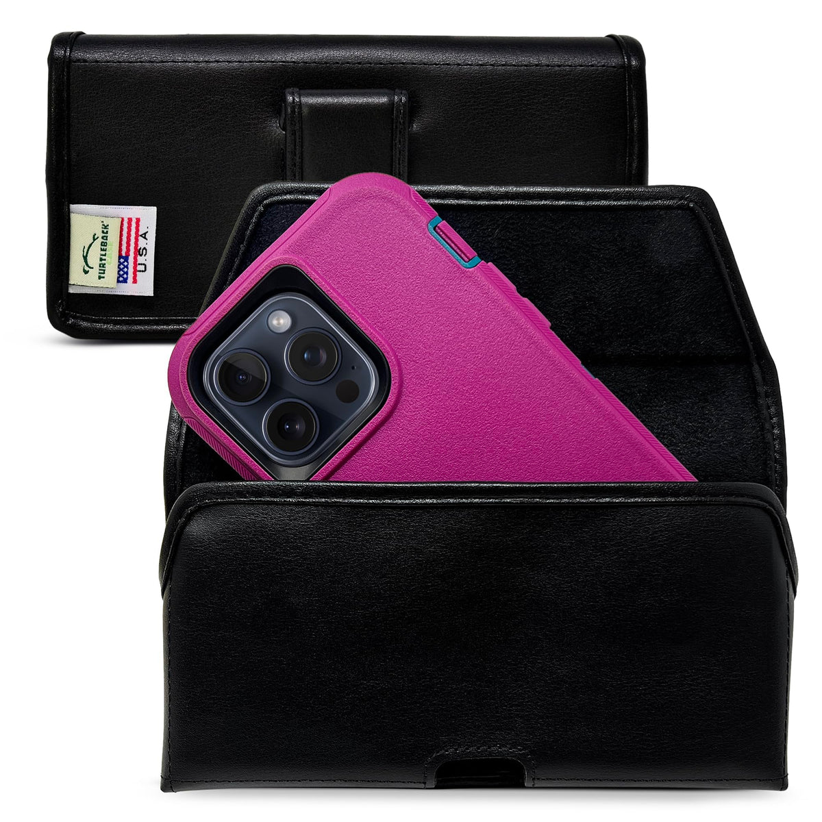 Turtleback Belt Holder for iPhone 16 Pro Max, 15 Pro Max, 14 Pro Max -Large- Fits w/Defender Bulky Style Cases, Premium Black Leather Vertical Holster, Magnetic Closure Leather Wrapped Clip