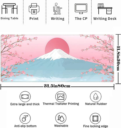 Aesthetic Japanese Cherry Blossom Desk Mat Cute Pastel Blue Color XL Sakura Gaming Mouse Pad Anime Mousepad for Women Desk Office Girl Gamer Cherry Blossoms Mouse Pads Fun Desktop Mat 31.5x11.8 in