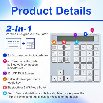 2-in-1 Wireless Number Pad & Calculator, Bluetooth 5.0 Numeric Keypad with USB-C Charging, 34-Key Portable Number Pad for Laptop, MacBook, PC, Windows, iOS & Android Devices
