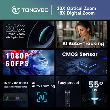 TONGVEO Conference Room PTZ Camera System with 20X Optical Zoom, AI Auto Tracking 1080P 60fps HDMI USB Webcam for Church Streaming Online Video Conference,Compatible with Zoom, OBS Easy Setup