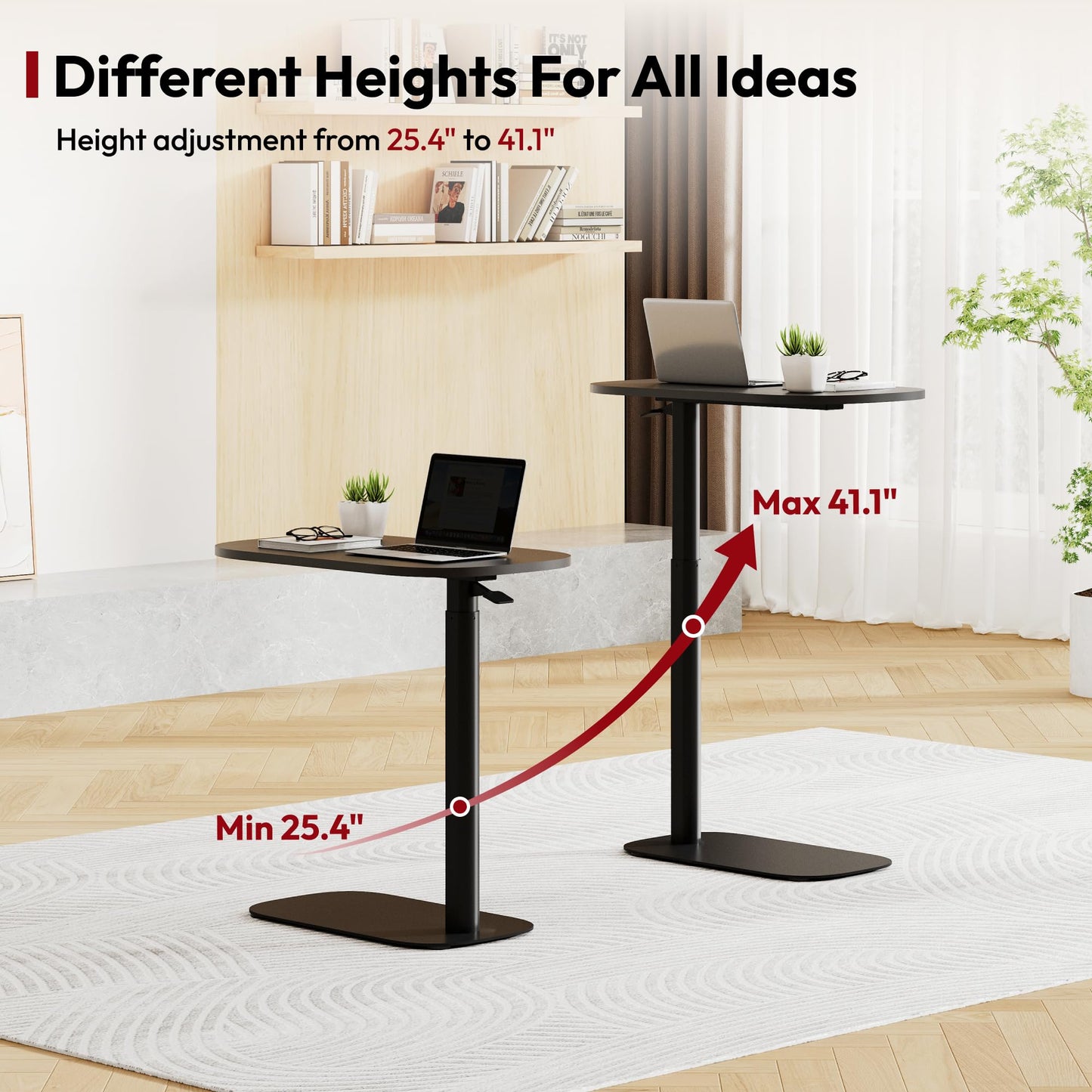 SANODESK 24''Pneumatic Adjustable Overbed Bedside Table with Hidden Casters