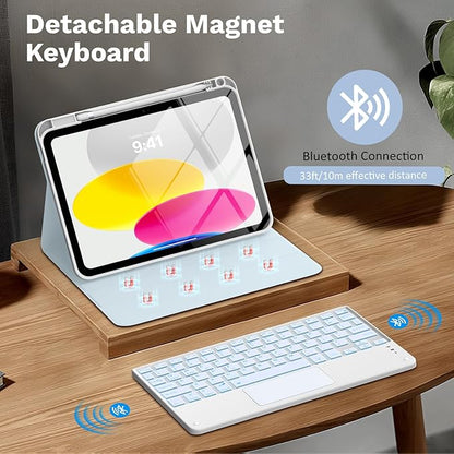 MoKo Touch Keyboard Case for iPad (A16) 11th Generation 11 inch 2025, iPad 10th Generation 10.9 inch Case with Pencil Holder, 7 Colors Backlit Multi-TrackPad Detachable Bluetooth Keyboard, Sky Blue