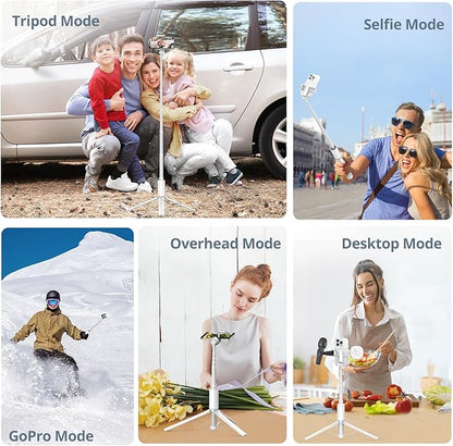 ATUMTEK 63" Phone Tripod, Extendable Selfie Stick Tripod with Bluetooth Remote, All-in-One Aluminum with Cold Shoe Mount for GoPro, 4"-7" iPhone and Android Smartphones, White