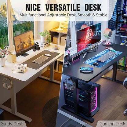 Veken 55 Inch Large Electric Standing Desk,Sit to Stand Up, Heights Adjustable, Work Home Office Computer Table for Study, Walking Pad, Writing, and Games, Wooden Desktop Desks, White