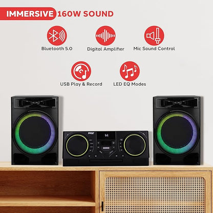 Pyle CD Stereo System with Bluetooth, MP3/DVD/CD Playback, Dual USB Recording CD Player with Speakers, Black Mini Stereo System with Subwoofer, FB Radio, 160W Digital Amplifier & Remote Control