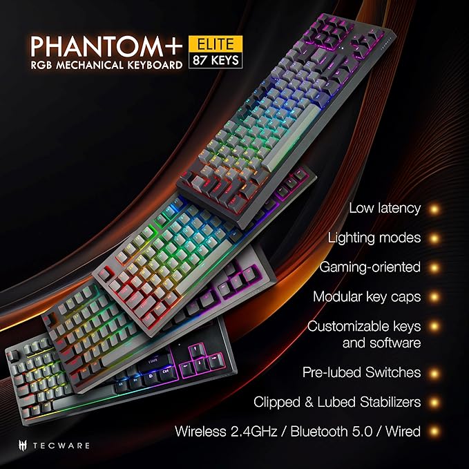 TECWARE Phantom+ Elite 87 Key RGB Mechanical Gaming Keyboard | 3 Mode Wireless Bluetooth 5.0 2.4GHz & USB C Wired | Hot Swappable 5 Pin | Double Shot PBT Keycaps | Wraith Pink Switch - Black