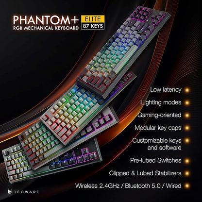TECWARE Phantom+ Elite 87 Key RGB Mechanical Gaming Keyboard | 3 Mode Wireless Bluetooth 5.0 2.4GHz & USB C Wired | Hot Swappable 5 Pin | Double Shot PBT Keycaps | Wraith Pink Switch - Black