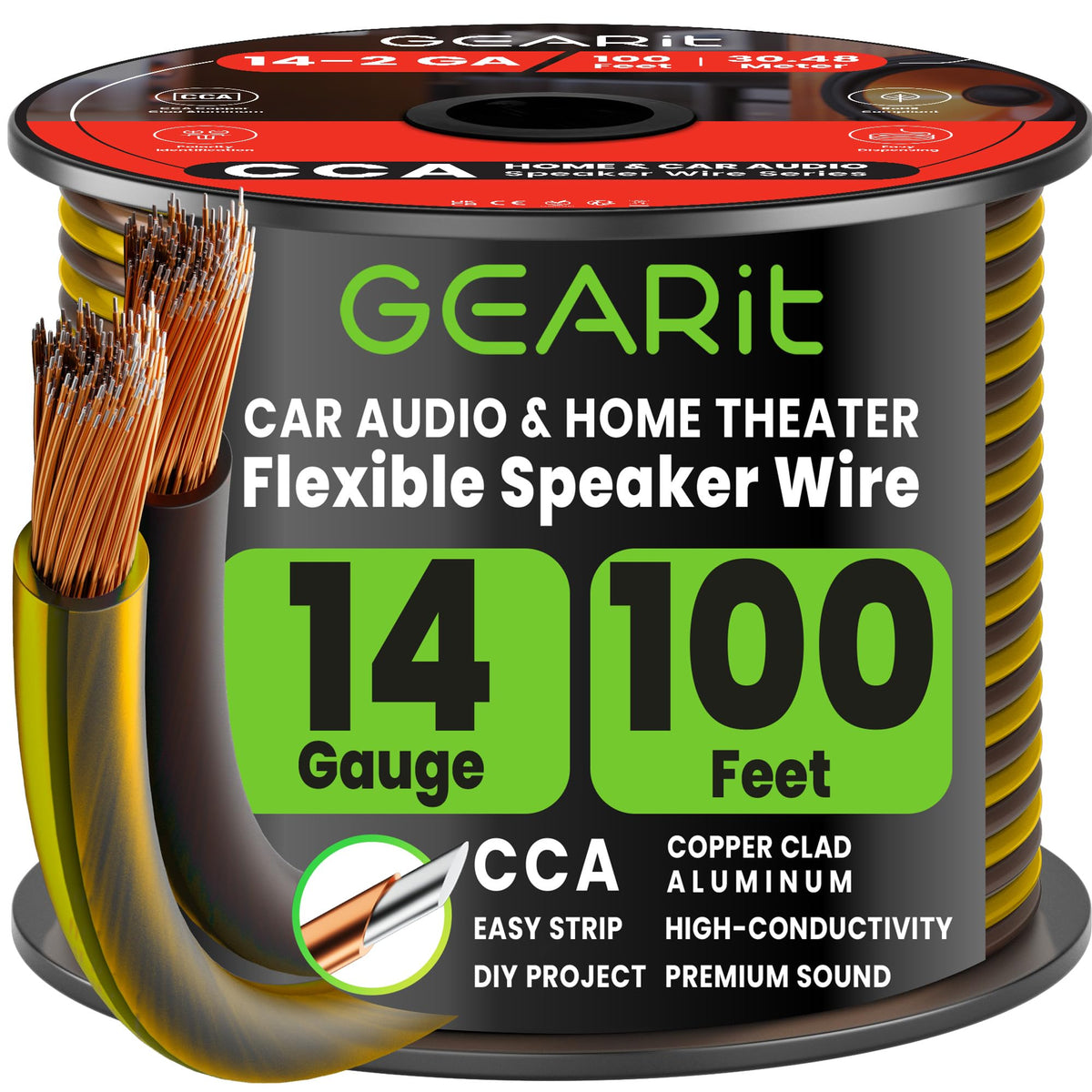 GEARit 14 Gauge Speaker Wire 100FT,14/2 Speaker Cable for Home & Car Audio