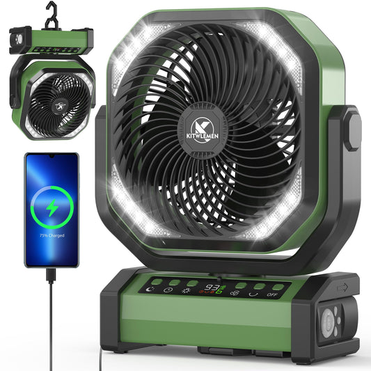 Camping Fan with Light - 20000mAh Rechargeable Battery Tent Fan, 112Hrs Max, 8 Speeds, Digital Display, Timer, Auto Oscillation, 270° Pivot & Hook for Garage, RV, Hurricane, Co-Branded with AMACOOL