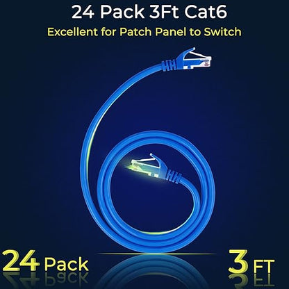 Rapink Patch Cables Cat6 3ft (24 Pack), Ethernet Patch Cable 10G Support, Cat 6 Patch Cable for Patch Panel to Switch, Flexiable Cat 6 Ethernet Cable with Gold Plated Blue