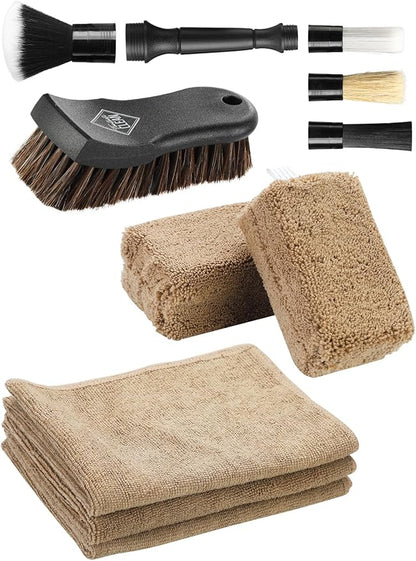 Fantasticlean 9PCS Car Interior Detailing Set, Microfiber Cloth & Applicator, Double-Head Detailing Brushes, Natural Bristles, Scratch-Free, Ultra-Soft for Seats Leather Care or Cleaning