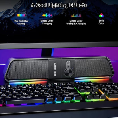 SENZER CS20 2 in 1 Bluetooth Computer Speakers for Desktop, USB Plug & Play Clear Sound PC Speakers with RGB Light, Monitor Sound Bar with Volume Knob, Gaming Speaker for PC Laptop Phone Tablet